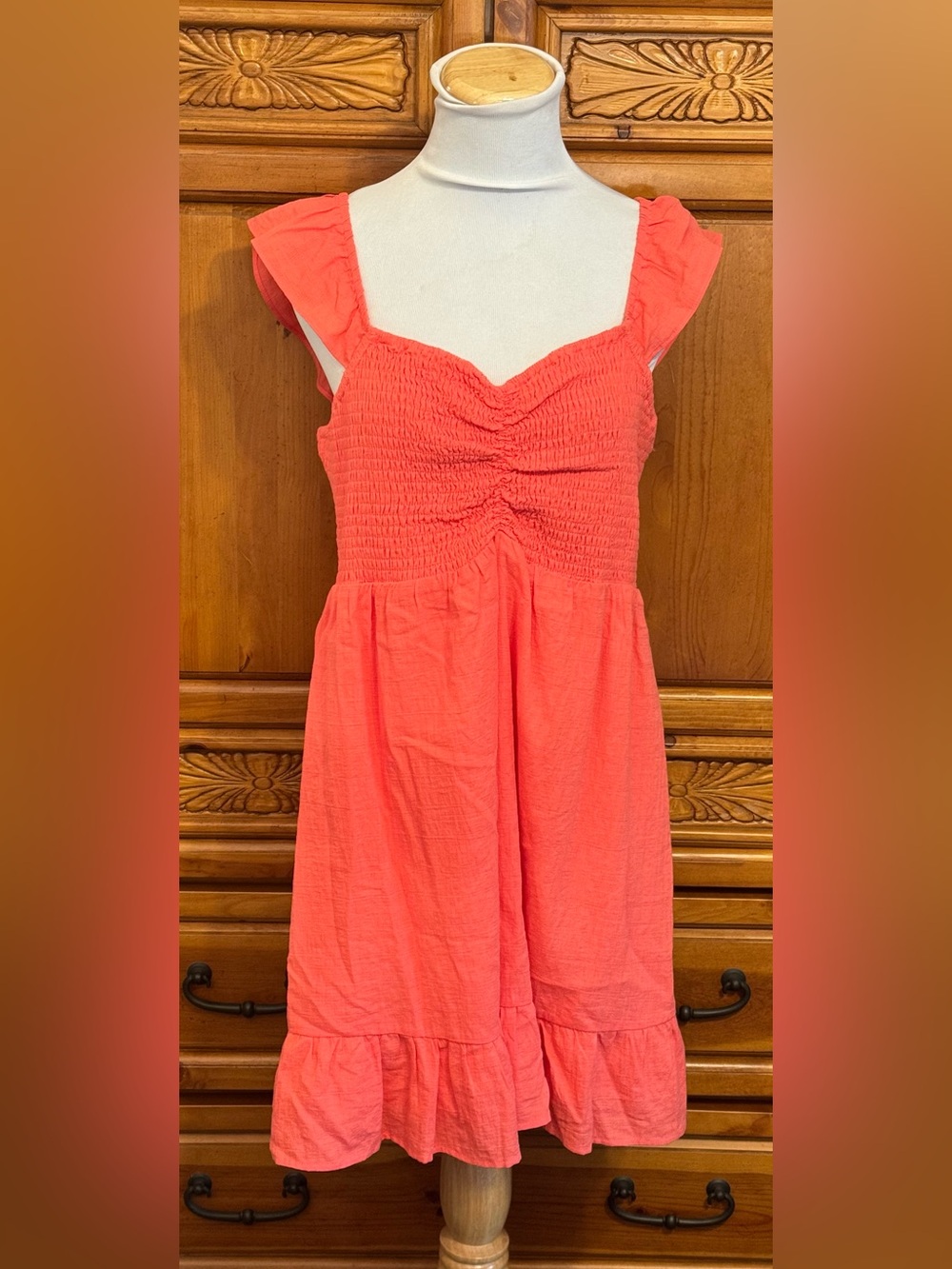 Ruffled Coral Mini Dress with Smocked Bodice